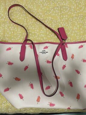 Coach White Leather Tote with Pink & Coral Popsicle Motif
